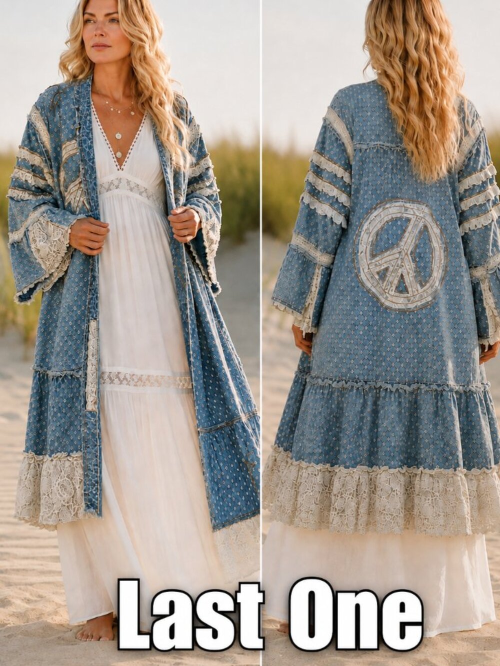 POL NWT Denim Eyelet Lace Peace Sign Maxi Duster Kimono Jacket Boho Festival